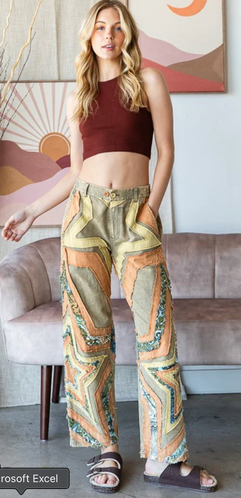 Patches Of Stars Pants - Sage