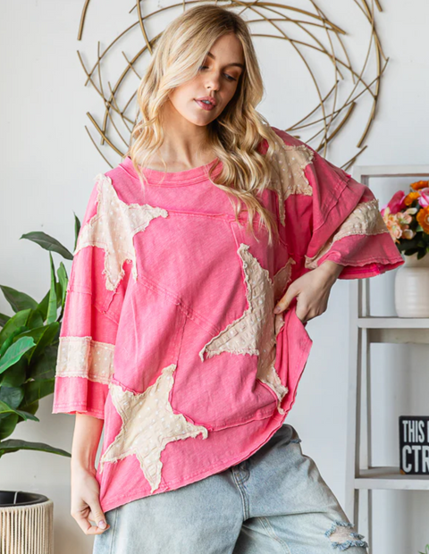Washed & Patched With Stars Top - Hot Pink
