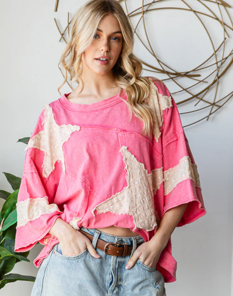 Washed & Patched With Stars Top - Hot Pink