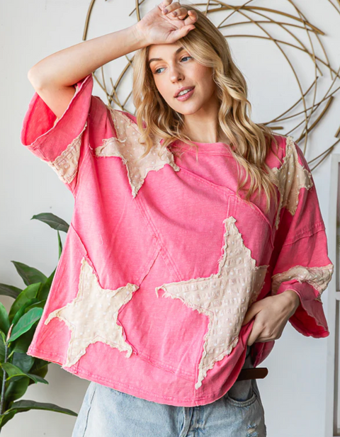 Washed & Patched With Stars Top - Hot Pink