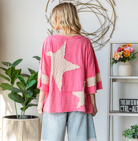 Washed & Patched With Stars Top - Hot Pink