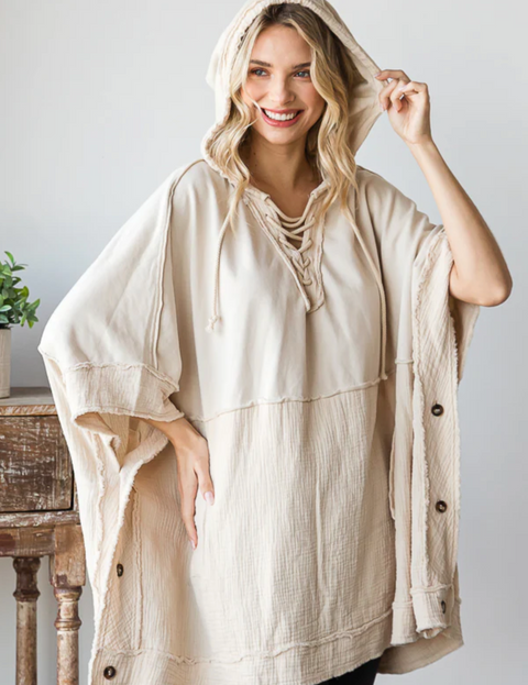 Washed Hooded Poncho - Cream