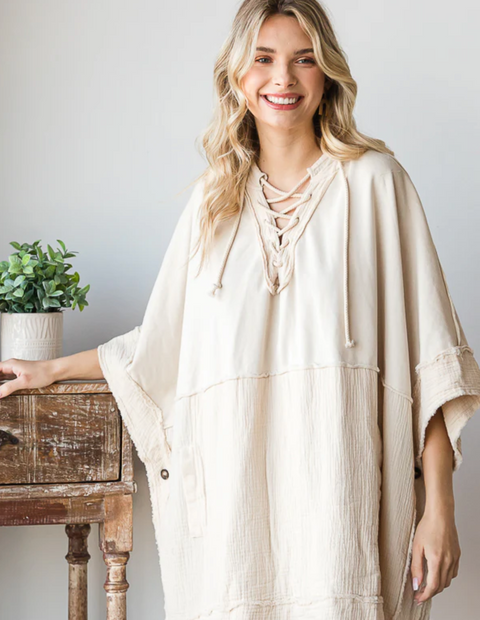 Washed Hooded Poncho - Cream