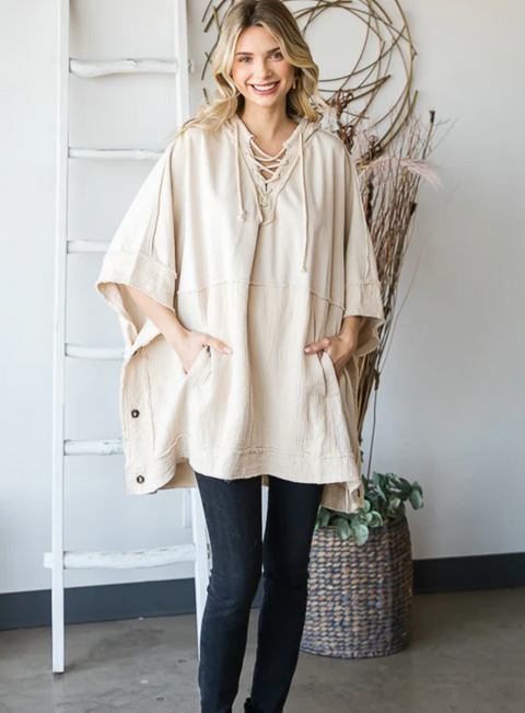 Washed Hooded Poncho - Cream