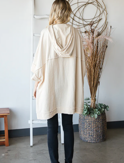 Washed Hooded Poncho - Cream