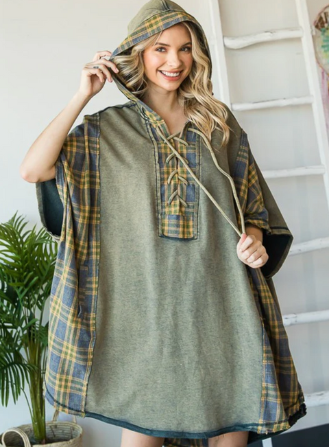 Hooded Poncho Sweater - Teal Plaid