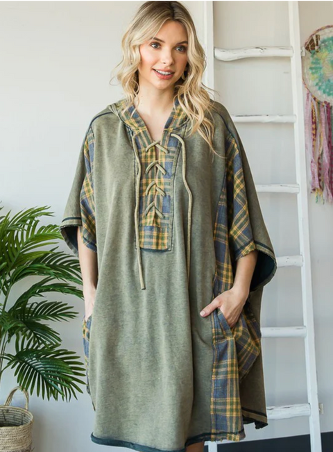 Hooded Poncho Sweater - Teal Plaid