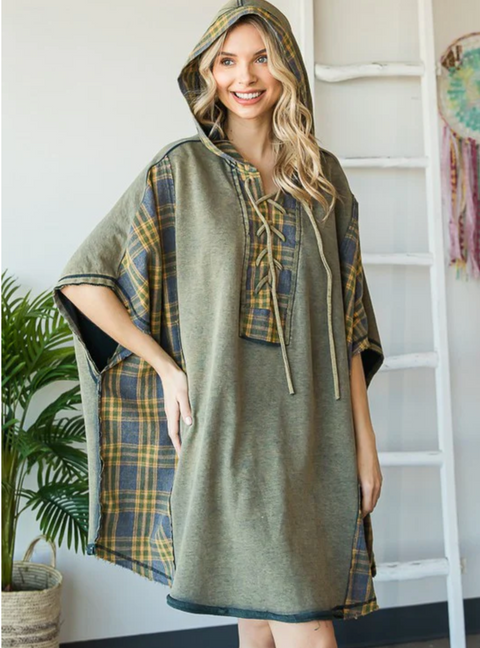 Hooded Poncho Sweater - Teal Plaid