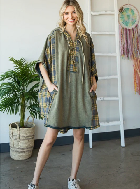 Hooded Poncho Sweater - Teal Plaid