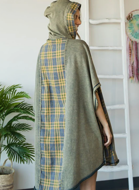 Hooded Poncho Sweater - Teal Plaid