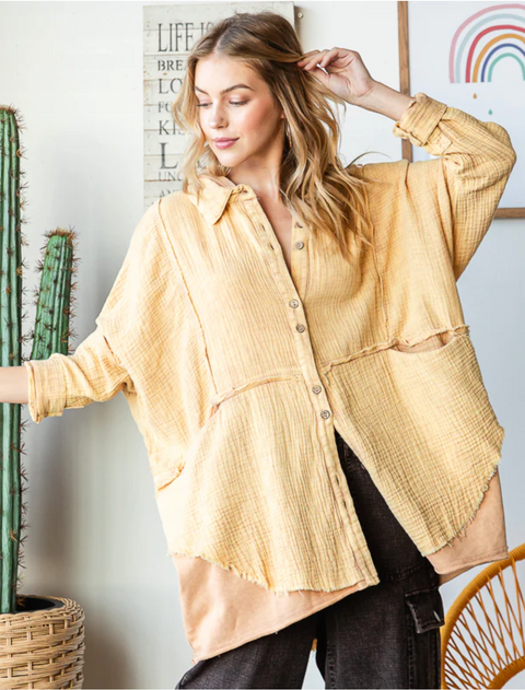 Mineral Wash Gauze Button Down - Taupe