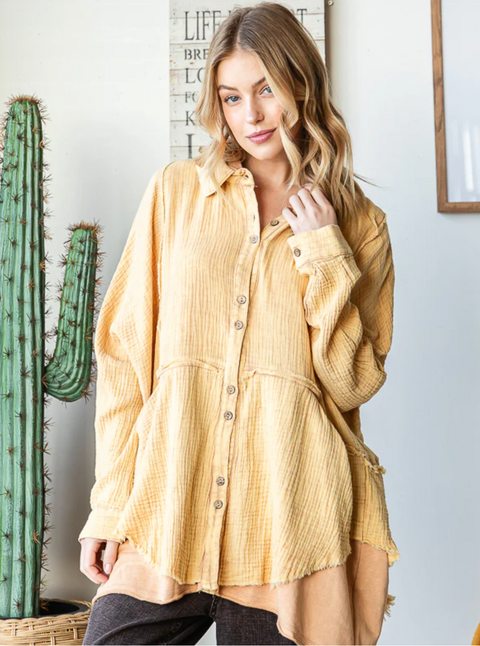 Mineral Wash Gauze Button Down - Taupe