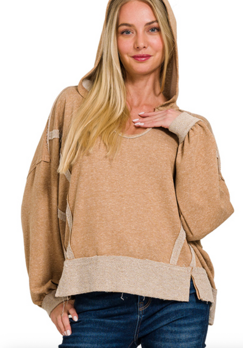 Side Slit Raw Hem Hoodie - Camel