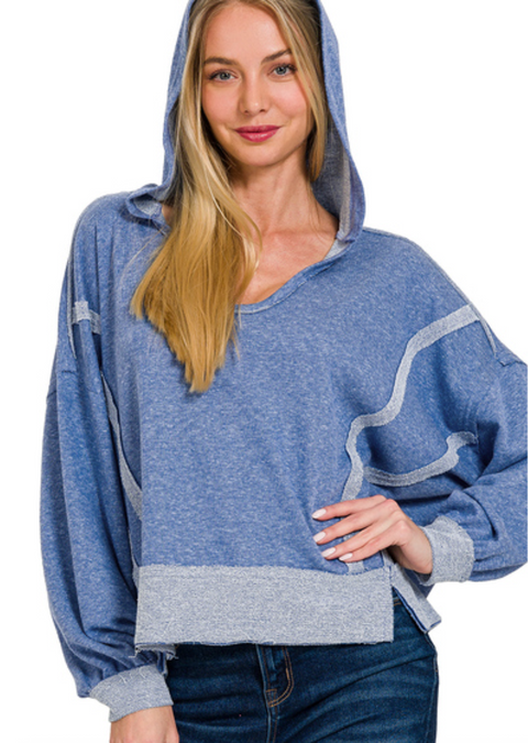Side Slit Raw Hem Hoodie - Light Navy