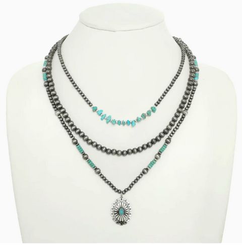 Multi Strand Western Floral Pendant Turquoise Beaded Necklace