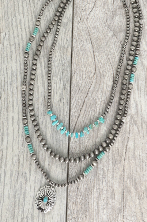 Multi Strand Western Floral Pendant Turquoise Beaded Necklace