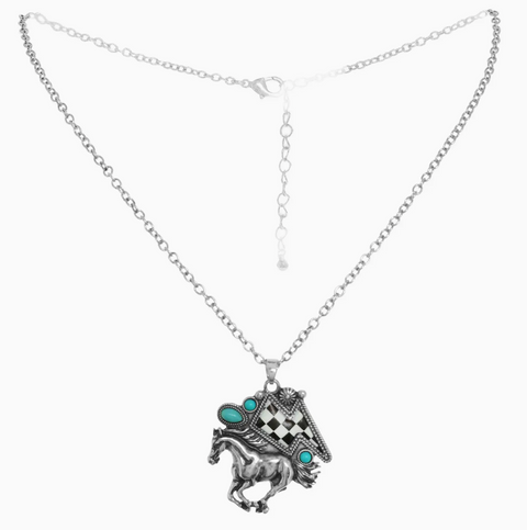 Checkered Bolt Mustang Necklace - Turquoise