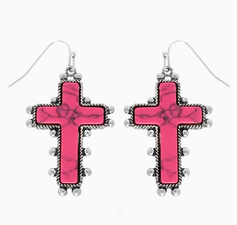Western Cross Earrings - Hot Pink