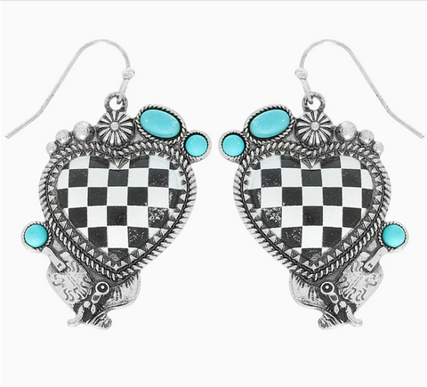 Checkered Heart & Boot Earrings - Black