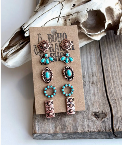 Western Stud Earring Set - Turquoise Copper