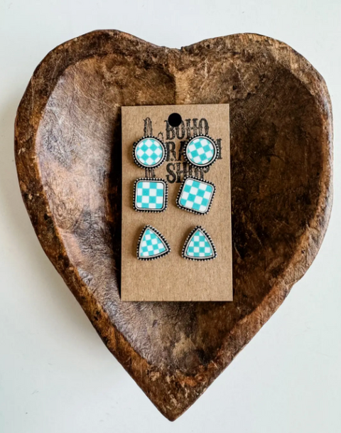Checkered Stud Earrings - Light Blue