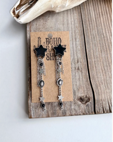 Western Star Fringe Chain Earrings - Black