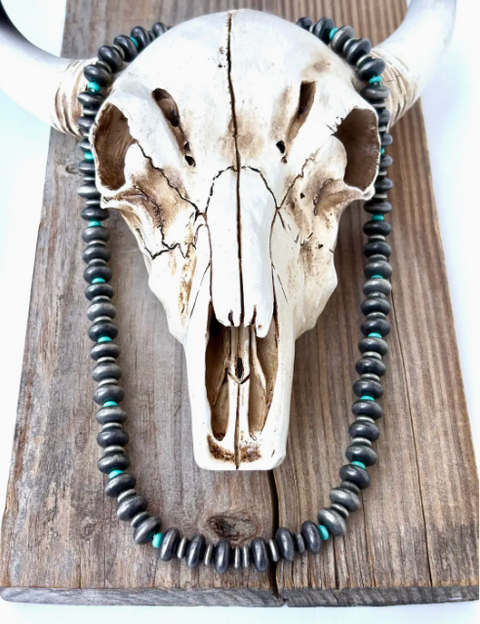 Western Style Flat Navajo Pearl & Stone Beaded Necklace - Turquoise