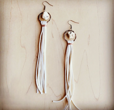 Turquoise Drop Earrings w/ Suede Leather Tassel - Cream