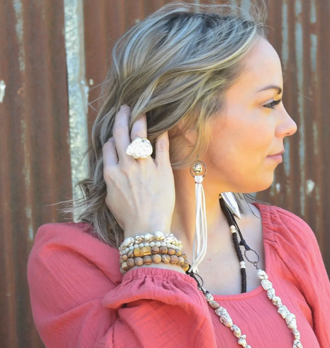 Turquoise Drop Earrings w/ Suede Leather Tassel - Cream