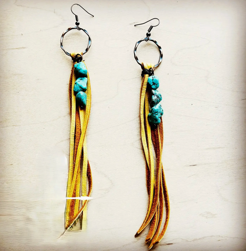 Suede Fringe Earrings with Turquoise Chunks - Mustard