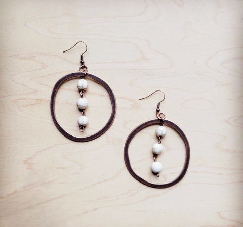 Western Copper Hoop Earrings with White Turquoise Beads