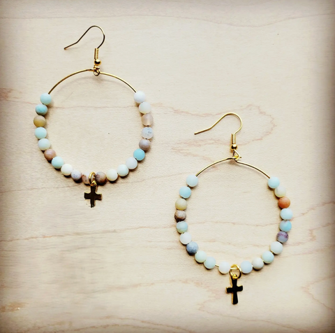 Beaded Hoop Earrings - Amazonite & Cross Dangle