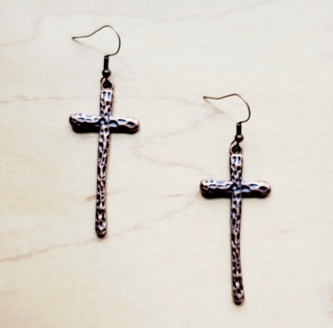 Hammered Copper Cross Earrings