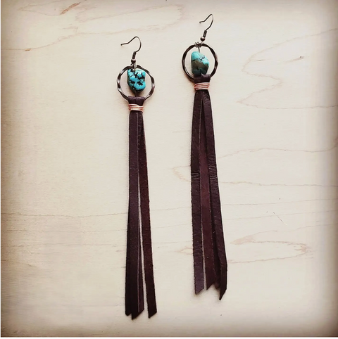 Turquoise Drop Earrings with Leather Tassel - Brown
