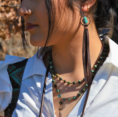 Turquoise Drop Earrings with Leather Tassel - Brown