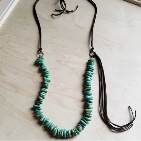 Natural Turquoise Necklace with Side-Tie Vegan Leather Tassel