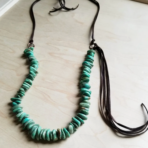 Natural Turquoise Necklace with Side-Tie Vegan Leather Tassel