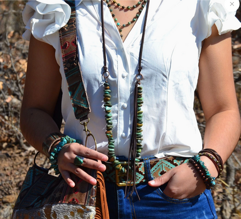 Natural Turquoise Necklace with Side-Tie Vegan Leather Tassel