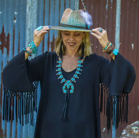 Turquoise Squash Blossom Necklace with Black Tassel