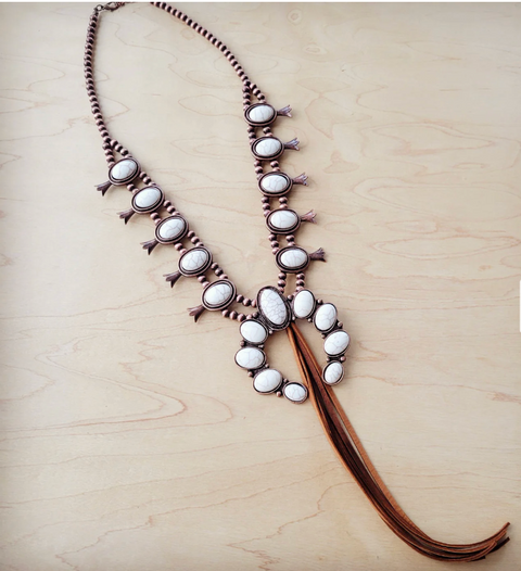 White Turquoise Squash Blossom Necklace with Brown Tassel