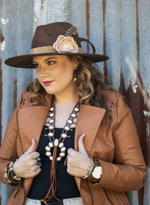 White Turquoise Squash Blossom Necklace with Brown Tassel