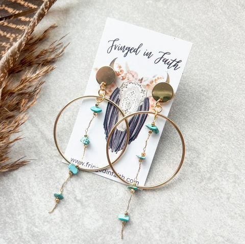 Gold Hoop Chain Earrings | Turquoise