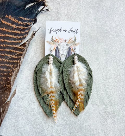 Ronan Fringe Feather Earrings | Olive