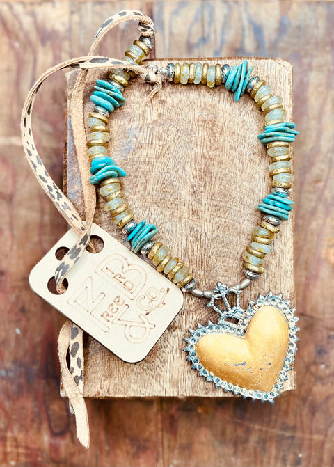 Mustard Metal Heart Pendant Necklace - Turquoise - DIRT ROAD GYPSI