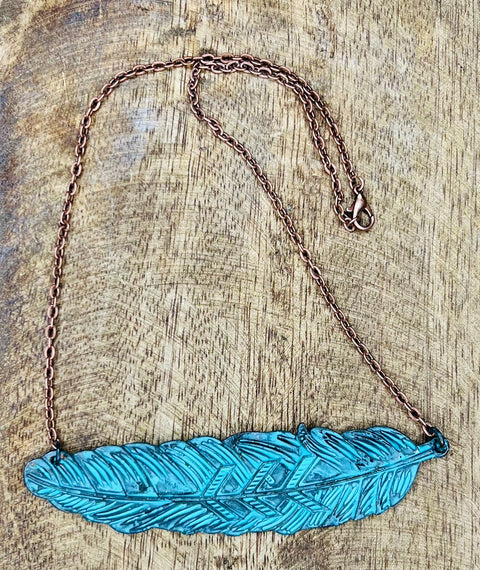 Turquoise BOHO Feather Necklace - 26” - DIRT ROAD GYPSI