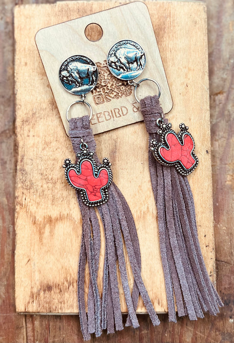 Red Cactus Buffalo Nickel Tassel Earrings - DIRT ROAD GYPSI