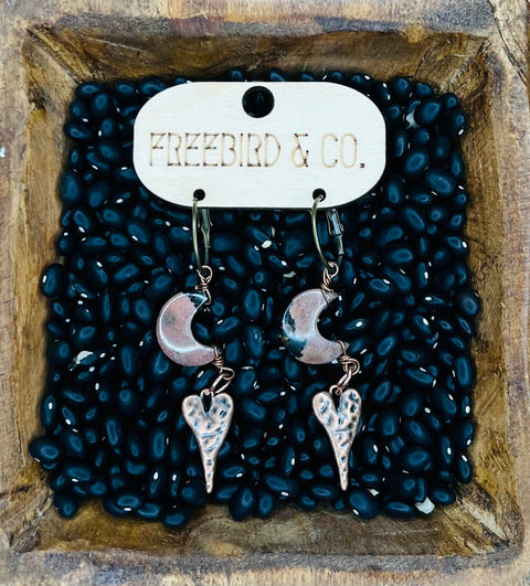 Rhodochrosite Moon Earrings With Copper Heart Charm - DIRT ROAD GYPSI
