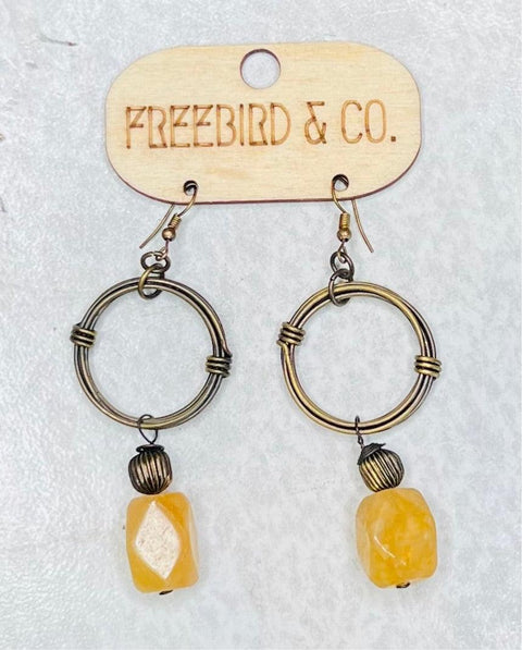 Banjara Antiqued Ring Earrings with Yellow Aventurine Stone - DIRT ROAD GYPSI