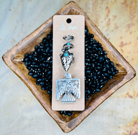 Brushed Silver & Turquoise Ring Set - Thunderbird