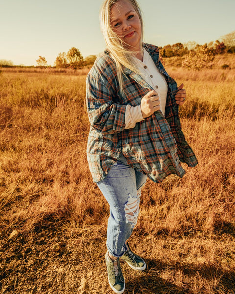 Mineral Washed Plaid Shacket - Vintage Teal